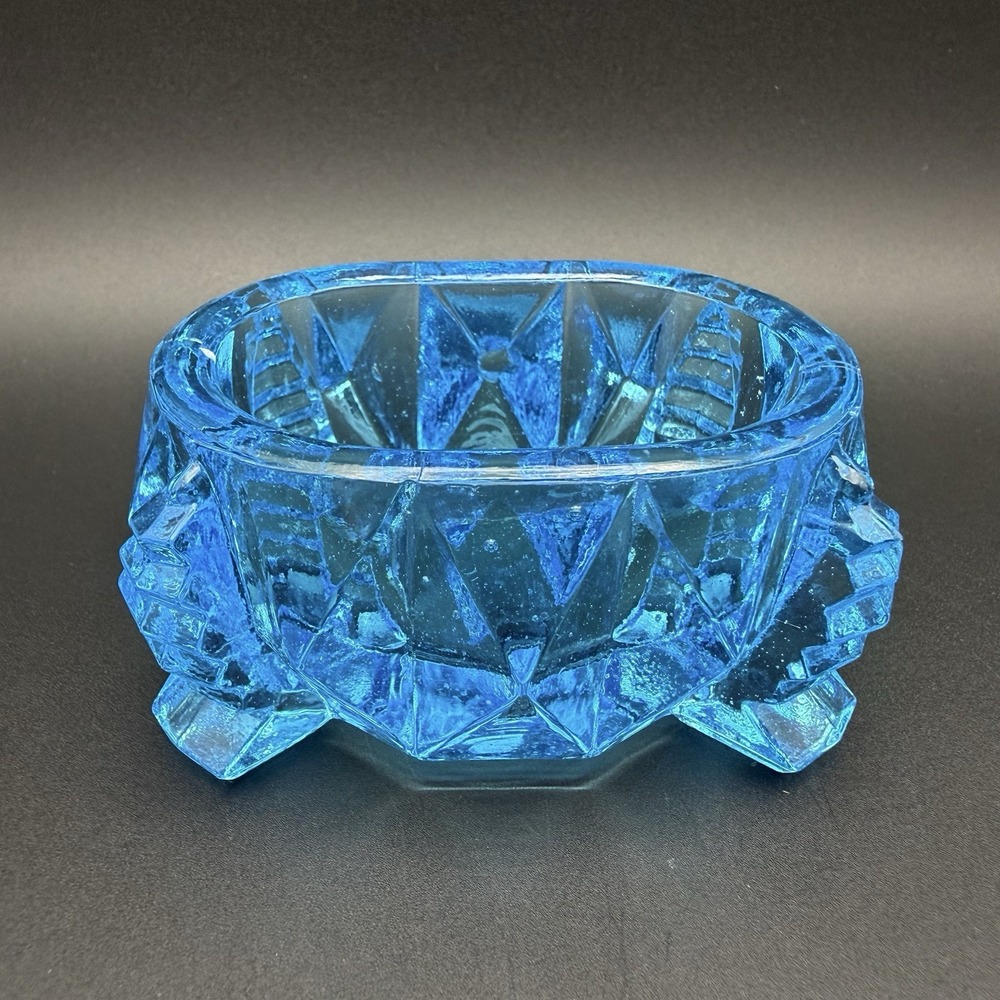 Art Deco Blue Depression Glass Master Salt Cellar Footed Geometric Zipper Design